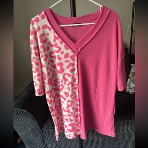 Pink and White Leopard Print V-Neck Top